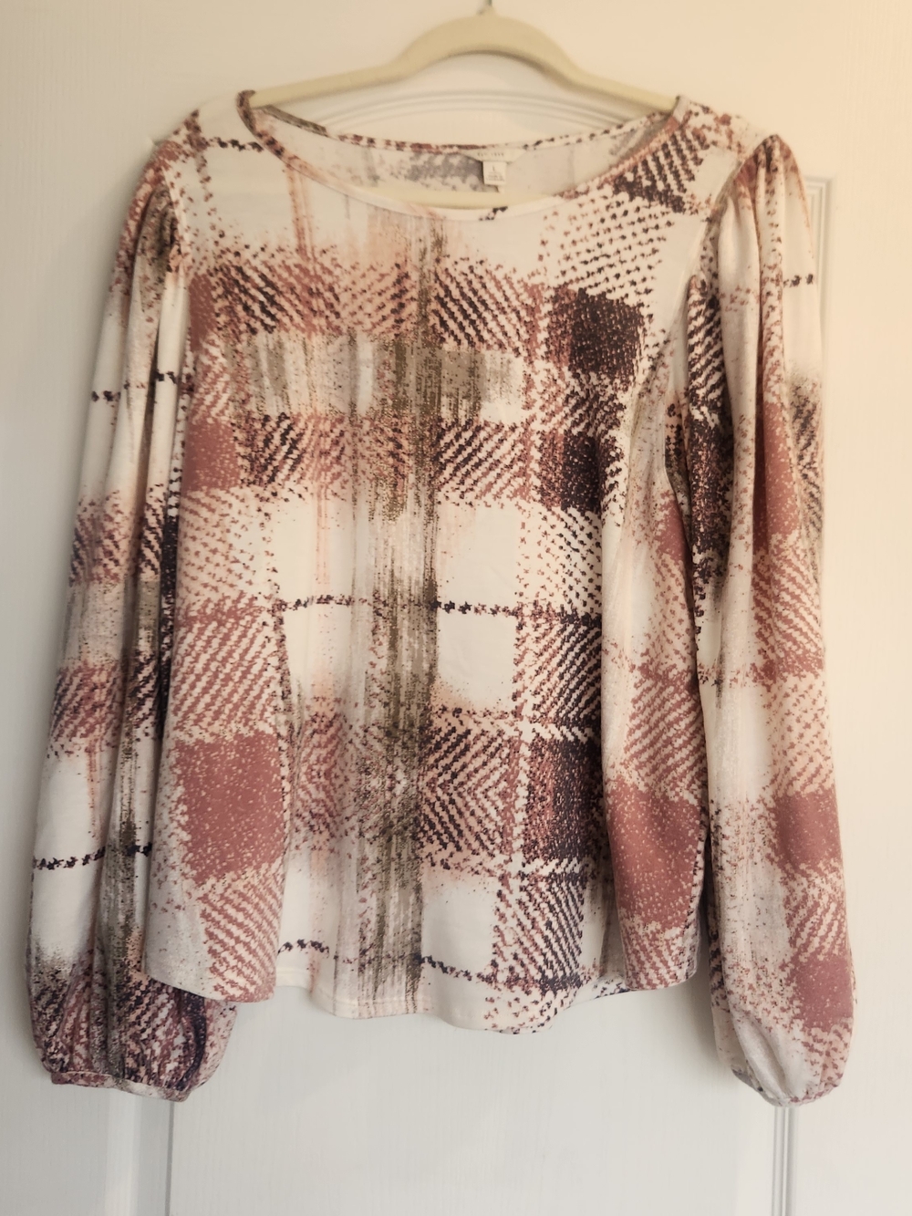 Cato Plaid Long Sleeve Blouse - Cream & Blush L Euc